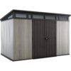Keter-Artisan-Pent-Outdoor-Garden-Storage-Shed-11x7-1.jpg Keter Artisan 7x11 ft Pent Grey Plastic 2 door Shed with floor & 1 window