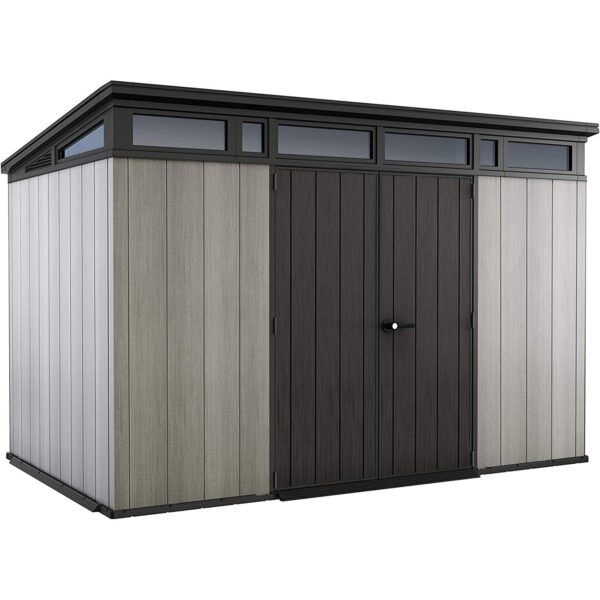 Keter-Artisan-Pent-Outdoor-Garden-Storage-Shed-11x7-1.jpg Keter Artisan 7x11 ft Pent Grey Plastic 2 door Shed with floor & 1 window