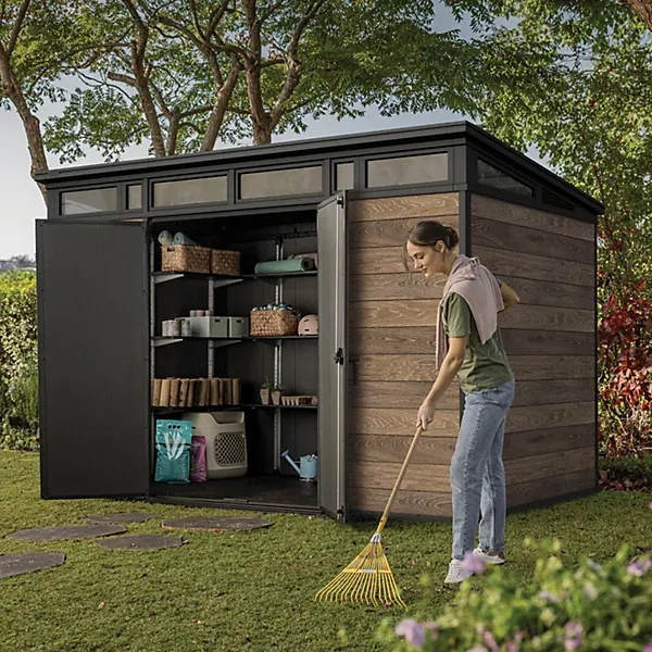 Keter Signature 7x11 ft Pent Walnut Plastic 2 door Shed with floor & 8 windows