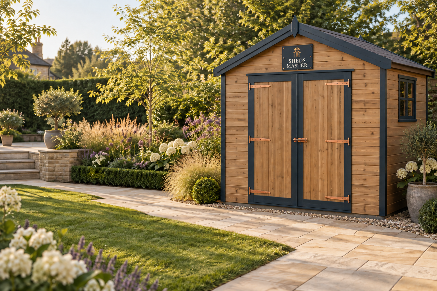 Cedar garden shed with Sheds Master sign in a landscaped garden